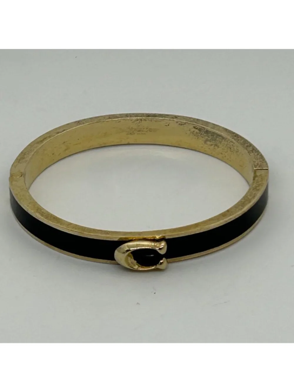 Coach Gold-Tone Black Bracelet Enamel Signature C Logo Hinged Bangle 6 3/4 in.
